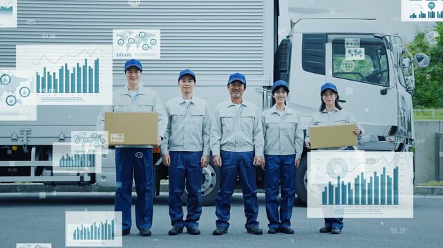 物流スタッフとビジネスデータ。運送業、作業員、DX、テック、統計、分析、トラック、配送センター、人材