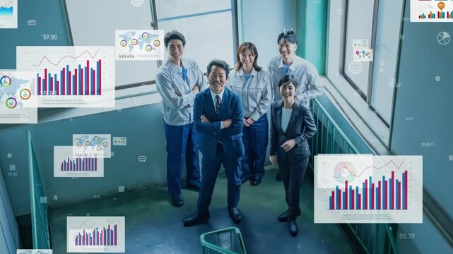 働く人々とビジネスデータ。人材、マーケティング、エンジニア、統計、経営、中小企業、工場、管理、経済