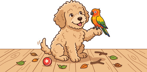 Cute fluffy puppy holding a colorful parrot on its paw cartoon vector illustration
