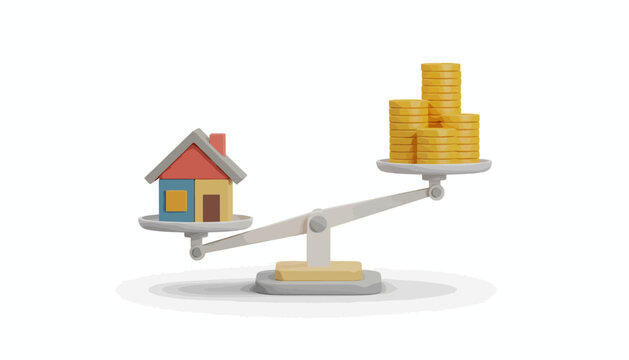 Property value balance scale with house and gold coins