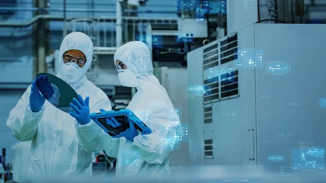 半導体製造とデジタルテクノロジー。DX、AI、工場、製造業、産業、システム、検査、装置、機械、作業員