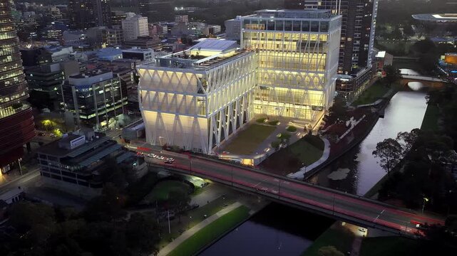 Office towers of Parramatta city CBD at sunset aerial cityscape view in Australia West Sydney.