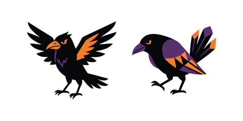 Fototapeta premium Two stylized raven illustrations with orange and purple accents on white background