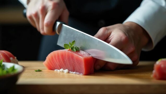 Slicing Fresh Tuna for Culinary Preparation
