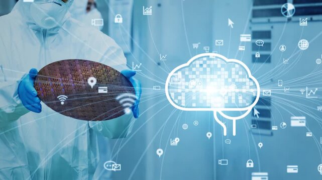 半導体製造とAIネットワーク。製造業、産業、工場、機械、ウエハ、シリコン、DX、電子部品、メモリー