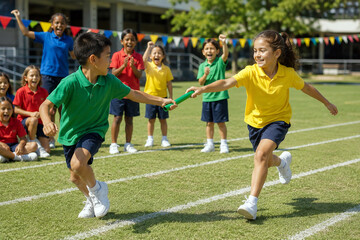 Fototapeta premium Happy Children Playing Soccer Match on Outdoor School Field