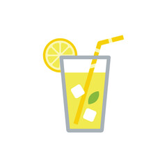 Refreshing glass of lemonade with ice cubes, mint leaf, and lemon slice, served with a striped straw on a white background, summer drink © udin