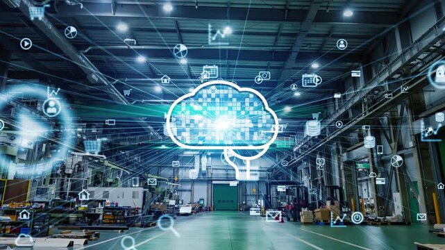 Factories and AI networks. Industry, manufacturing, logistics, warehousing, production, robotics, industrial, systems, data, cyber.