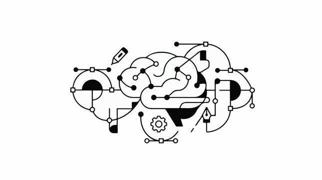 Abstract brain with circuit lines a pencil and a gear