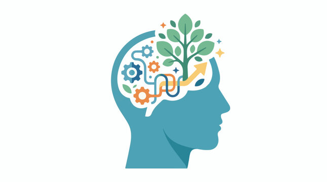 A stylized illustration of a human head with a brain containing gears and a growing tree