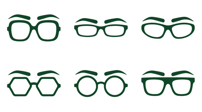 Collection of six different styles of eyeglasses with eyebrows, presented as simple green icons on a white background