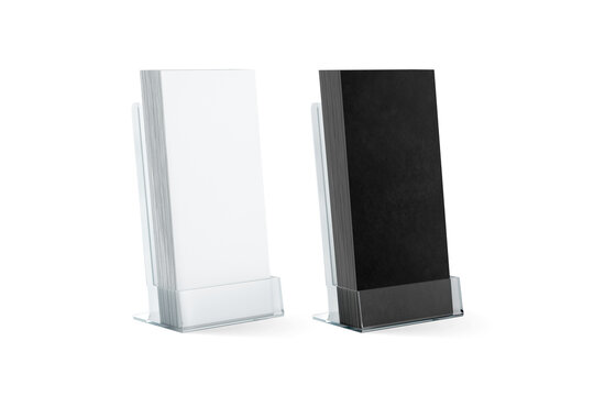 Blank black and white flyers stack mockup in glass plastic holder png, transparent background, 3d rendering. Dl fliers stand in the acrylic box. Brochure holding in transparent plexiglass pocket.