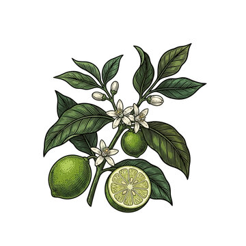Key Lime Botanical Engraving Illustration with Whole and Cut Fruit Isolated on White Background