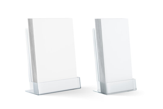 Blank flyer glass plastic transparent holder mockup png, transparent background, 3d rendering. Dl fliers mock up stand in the acrylic box cut out.