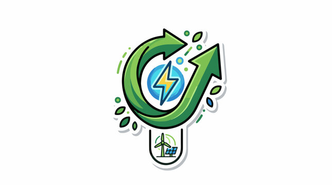 A stylized green recycling symbol with a blue globe and yellow lightning bolt encircled by curved arrows and surrounded