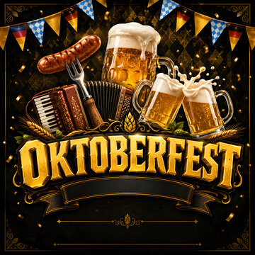 Oktoberfest menu design with beer mugs sausage accordion bunting on diamond background.