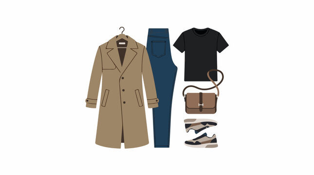 A stylish outfit consisting of a long tan coat on a hanger blue jeans a black t-shirt a brown leather bag socks and