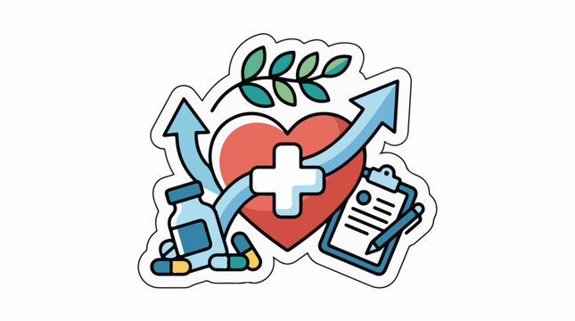 A sticker featuring a red heart with a white cross surrounded by a leafy branch two blue arrows a clipboard and medi