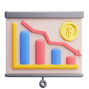 3D Financial Loss Chart Declining Arrow Dollar Coin Representing Economic Recession