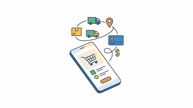 A smartphone displays an e-commerce page with a shopping cart connected to icons representing payment delivery and lo