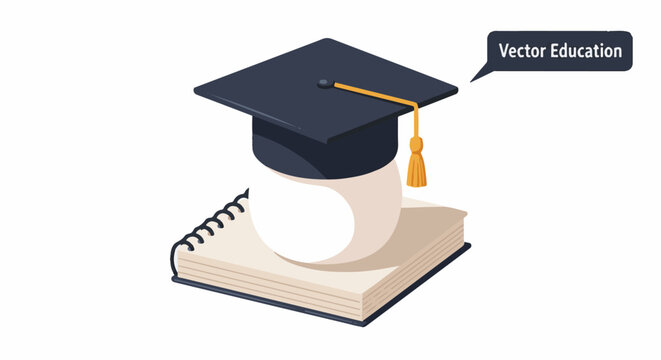 A graduation cap sits atop a rolled-up book with a speech bubble saying Vector Education