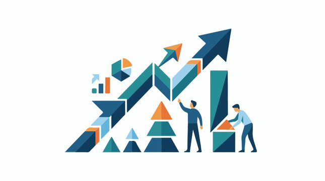 A colorful infographic illustration of two men interacting with ascending arrows and geometric shapes