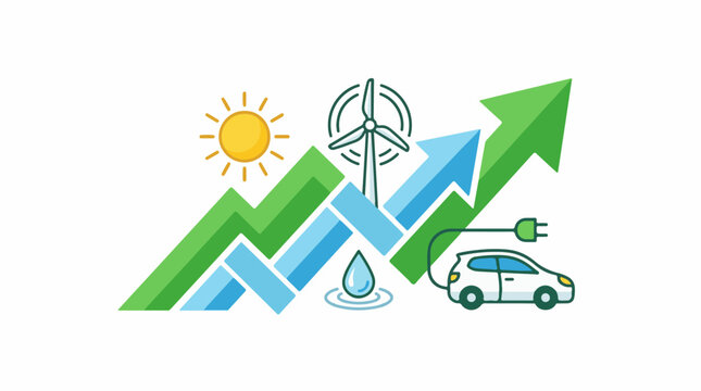 A colorful infographic with green and blue arrows a wind turbine electric car sun and water drop