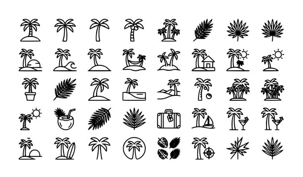 Tropical Island and Palm Tree Icon Collection with Beach Summer Vacation Nature Vector Elements