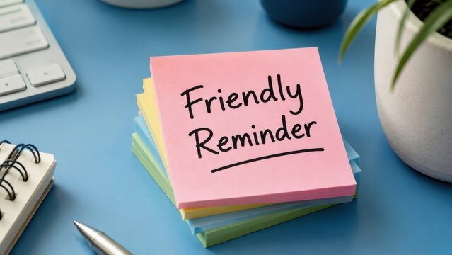 Stack of sticky notes with friendly reminder text on blue desk office setting.