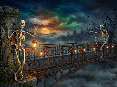 Spooky Halloween Iron Bridge with Skeletons, Hanging Lantern, String Lights, Glowing Full Moon, and Windmill in Foggy Night Forest