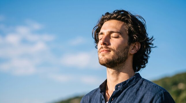 Young man relaxing outdoors with closed eyes enjoying a peaceful moment relaxing peaceful outdoors meditation