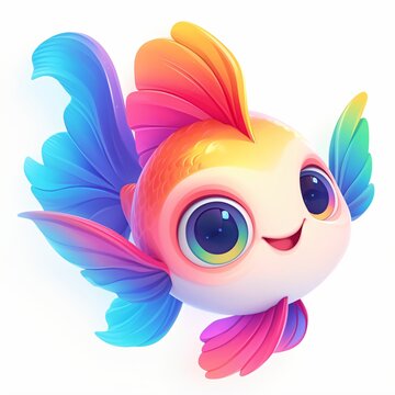 Small cute rainbow fish cartoon mascot with large eyes and bright fins. Colorful character for children game interface and design. Fantasy aquatic creature in 3D render style.