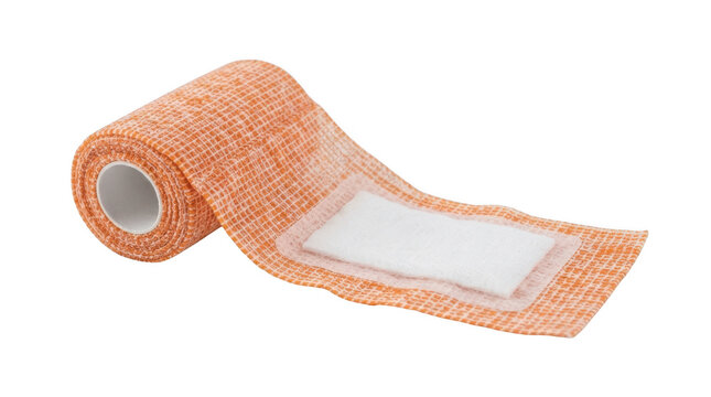 Orange cohesive bandage roll with integrated wound pad isolated on transparent background