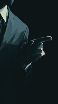 Noir illustration of a mysterious man in a suit pointing a finger. Concept of accusation, corporate directive, or clandestine order in dramatic low-key light.