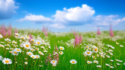 Field of white daisies and pink wildflowers under a blue sky with clouds meadow daisy © boro