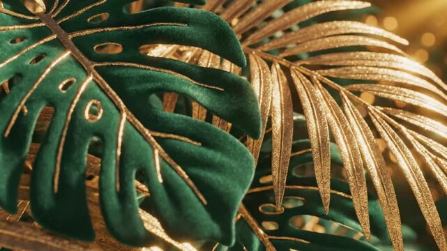 Luxury velvet green monstera and golden palm leaf background with shimmering bokeh light
