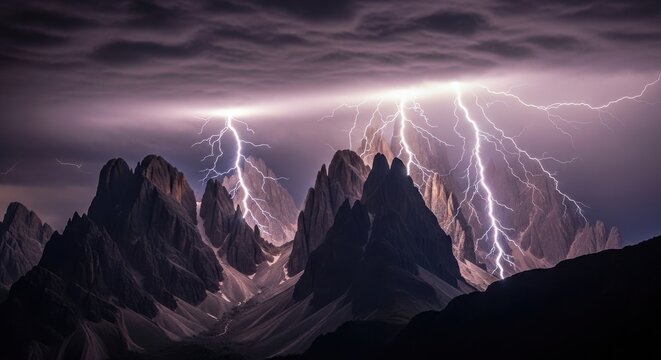 Lightning Strikes Jagged Mountain Peaks During Intense Thunderstorm