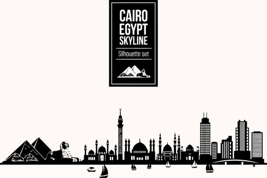 Cairo Egypt city skyline silhouette with pyramids and mosques and boats on water