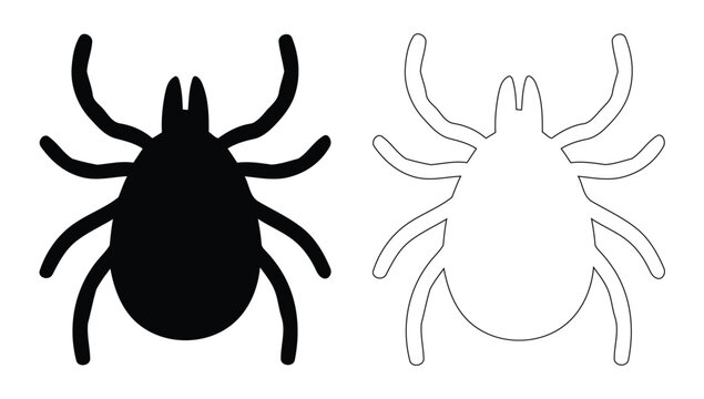 Tick Insect Silhouette and Outline Vector Graphic, Parasitic Arachnid Bug Illustration, Deer Tick Top View Silhouette Artwork