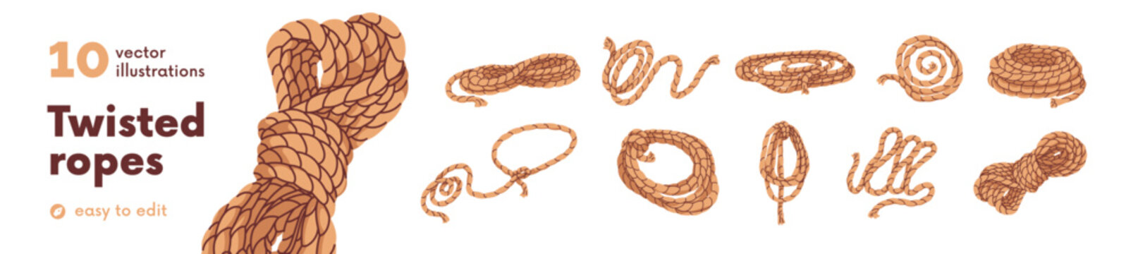 Twisted ropes, lasso strings set. Jute and hemp cords, loops, cordage from thick natural threads. Curved brown coil, noose, tied knots. Flat graphic vector illustrations isolated on white background