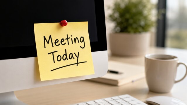 Sticky note with meeting today reminder pinned to computer monitor on office desk.