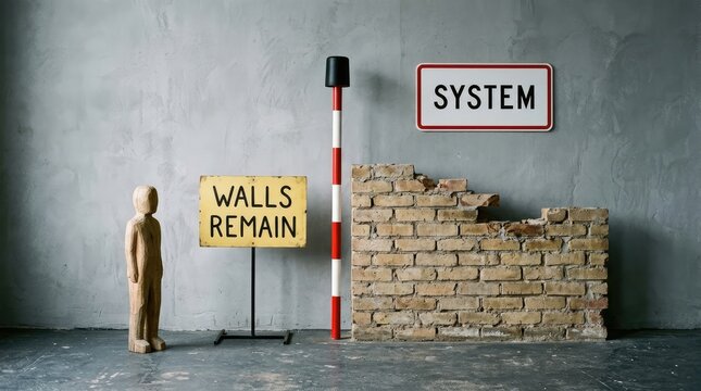 Construction renovation with exposed brick wall and system sign. Urban building repair showing structural demolition and renovation work in progress.
