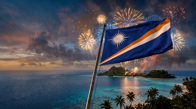 Marshall Islands national flag waving over tropical island landscape with celebratory fireworks at twilight