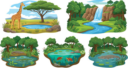 Wild nature landscapes set with safari giraffe forest waterfall swamp crocodile and pond turtle cartoon vector © Shukimon