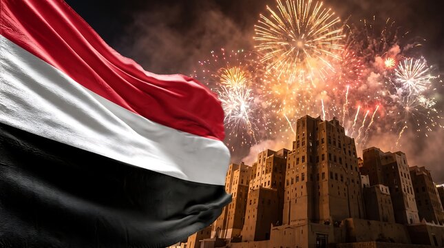 National flag of Yemen fluttering over Shibam city skyline with bright fireworks during nighttime celebration
