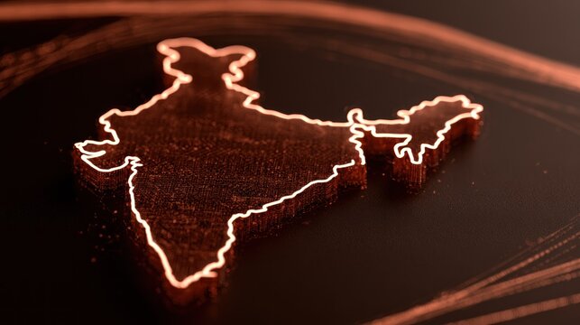 Glowing orange outline map of India on dark background.