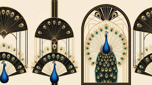 Art Deco peacock illustration, golden geometric frames, blue feathers, cream background, elegant vintage pattern, symmetrical bird motifs, AI Generated.