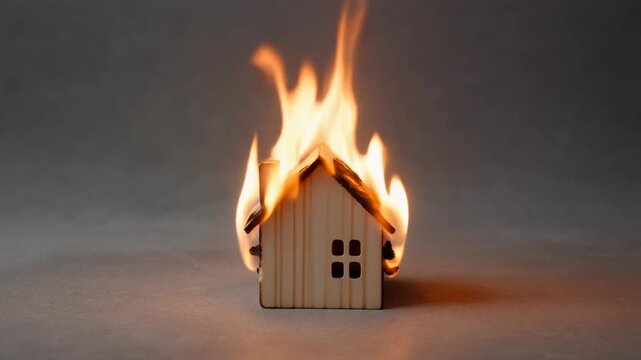炎を上げて燃えるミニチュアの木製ハウス。火災保険や住宅ローン破綻、不動産リスクのメタファー素材