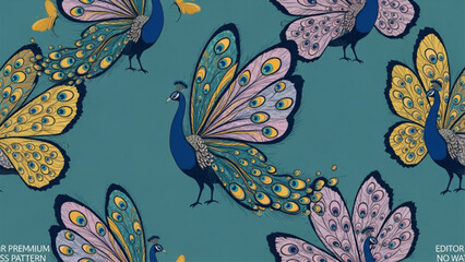 Fototapeta premium Seamless pattern of ornate peacocks on teal background. Art deco style illustration for textiles. AI Generated.