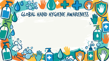Fototapeta premium Hand hygiene awareness campaign features illustrated soap dispensers, water droplets, and protective shields framing a central area for text.